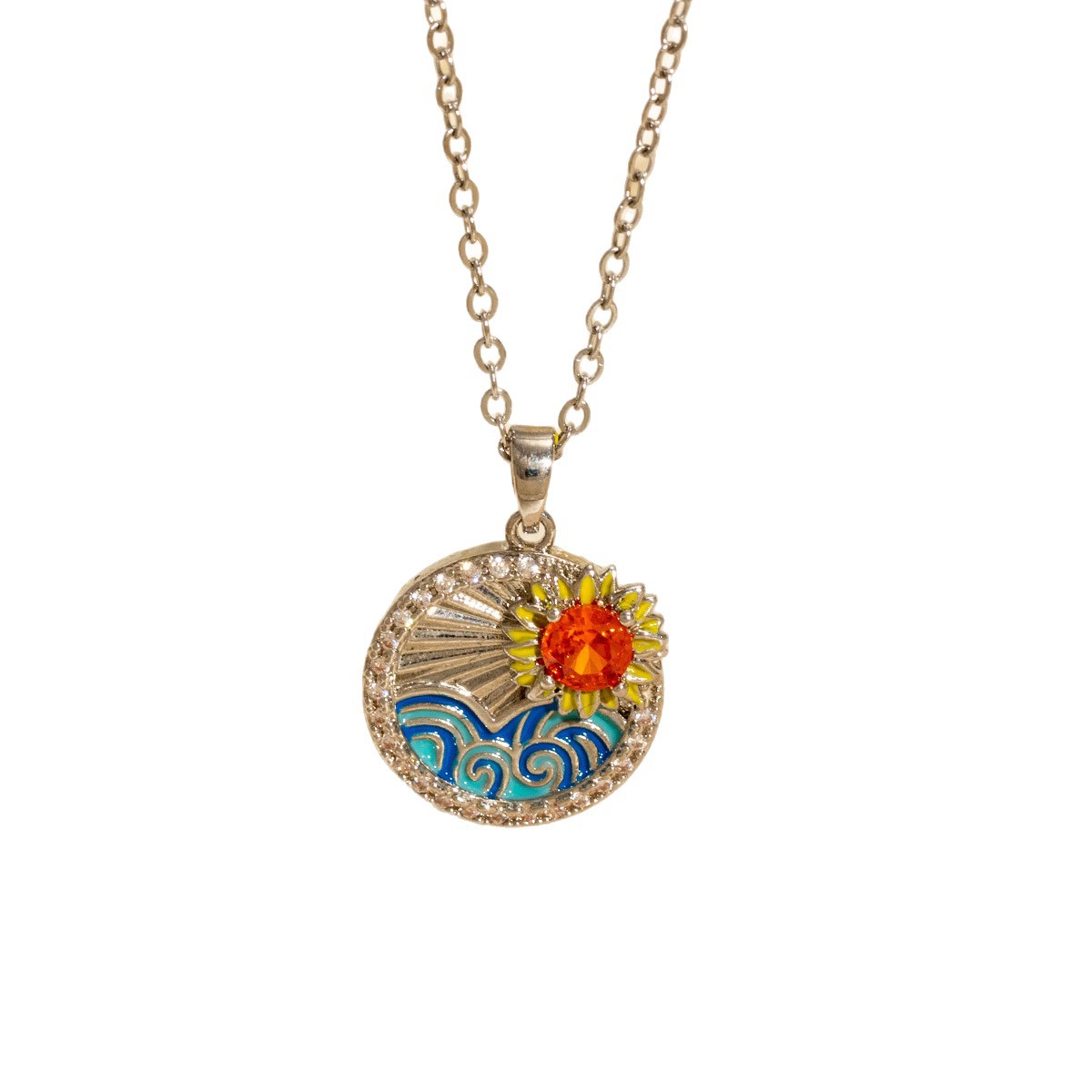 New Zircon-dripping Sunflower Round-plate Necklace
