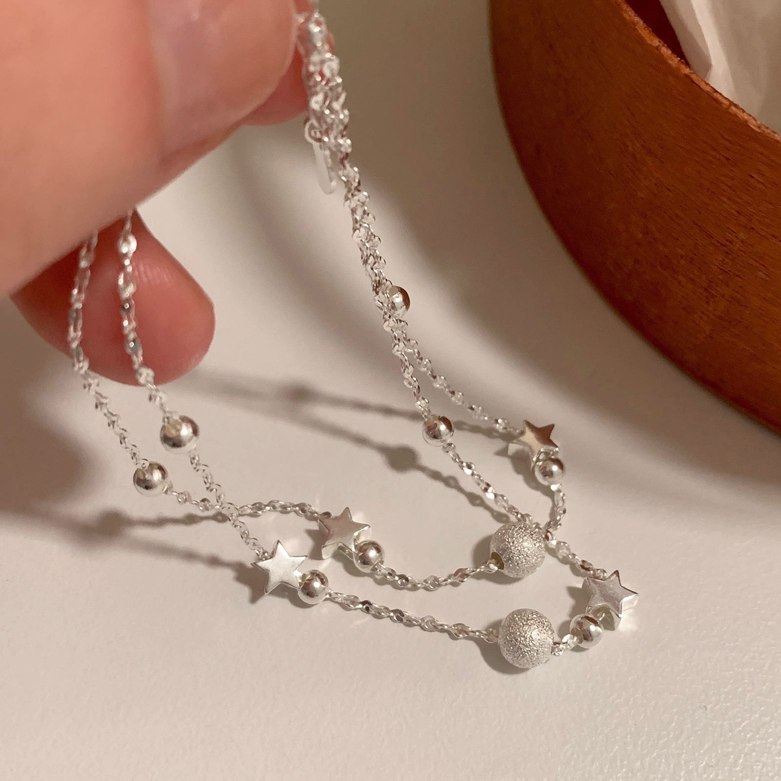 999 Fine Silver Matte Ball Double-Layer Sterling Silver Bracelet For Women