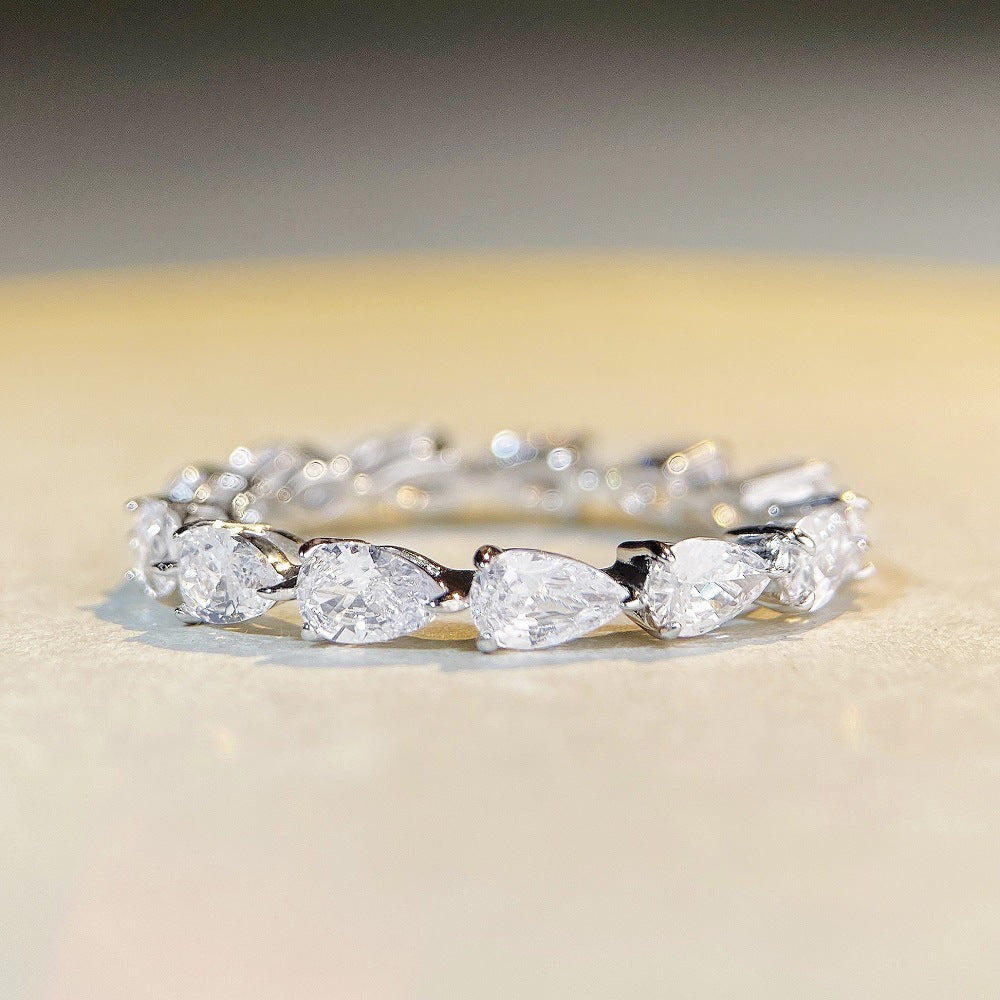 Women's S925 Sterling Silver Single Row Waterdrop Ring Fully Paved With Diamonds
