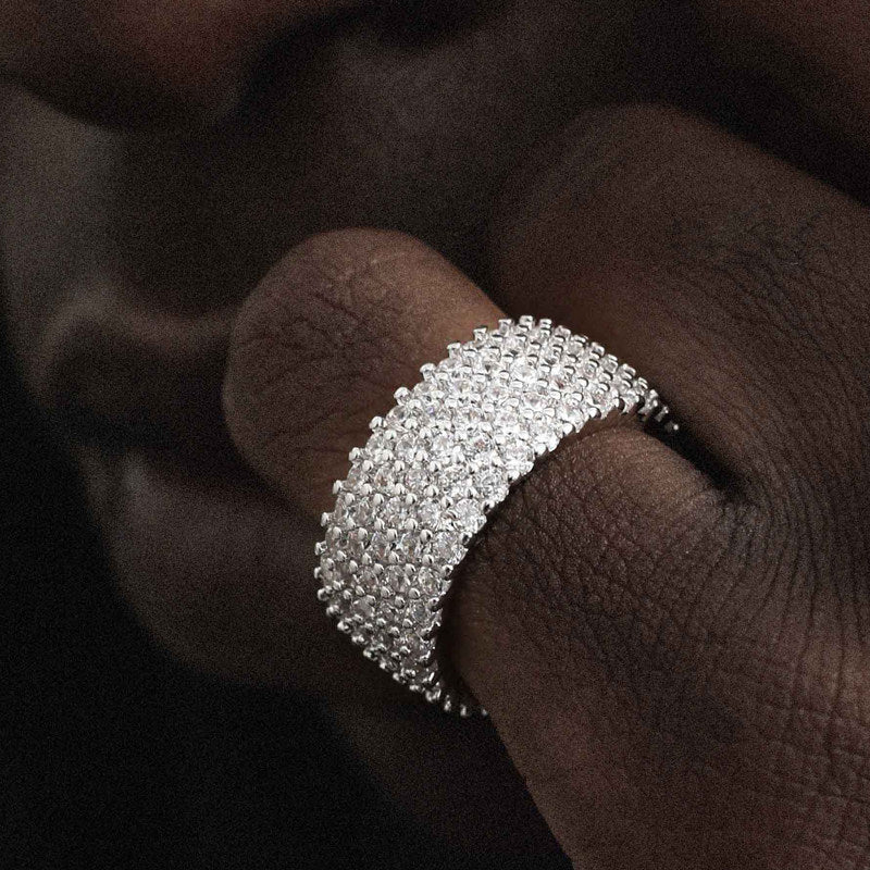 Full-diamond Ring Zircon And Diamond Cuban Link Ring In Gold And Silver
