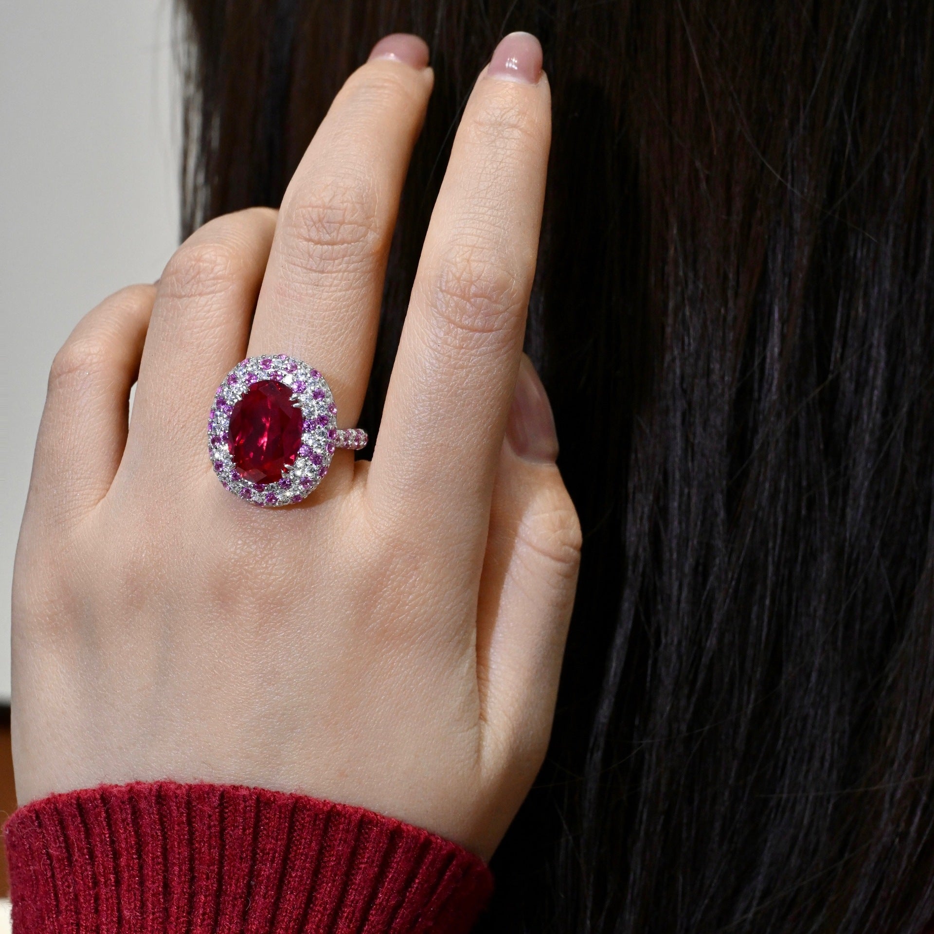 Ruby And Diamond-studded Oval Ring With A Pigeons-egg-shaped Center Stone