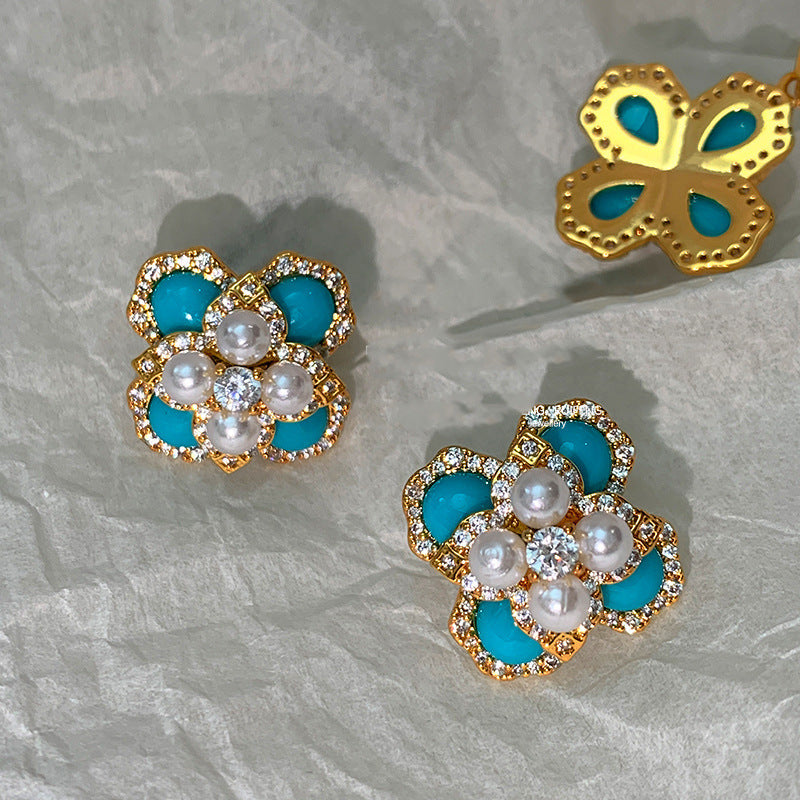 Silver Needle Turquoise Four-Leaf Flower Pearl Vintage Earrings And Necklace