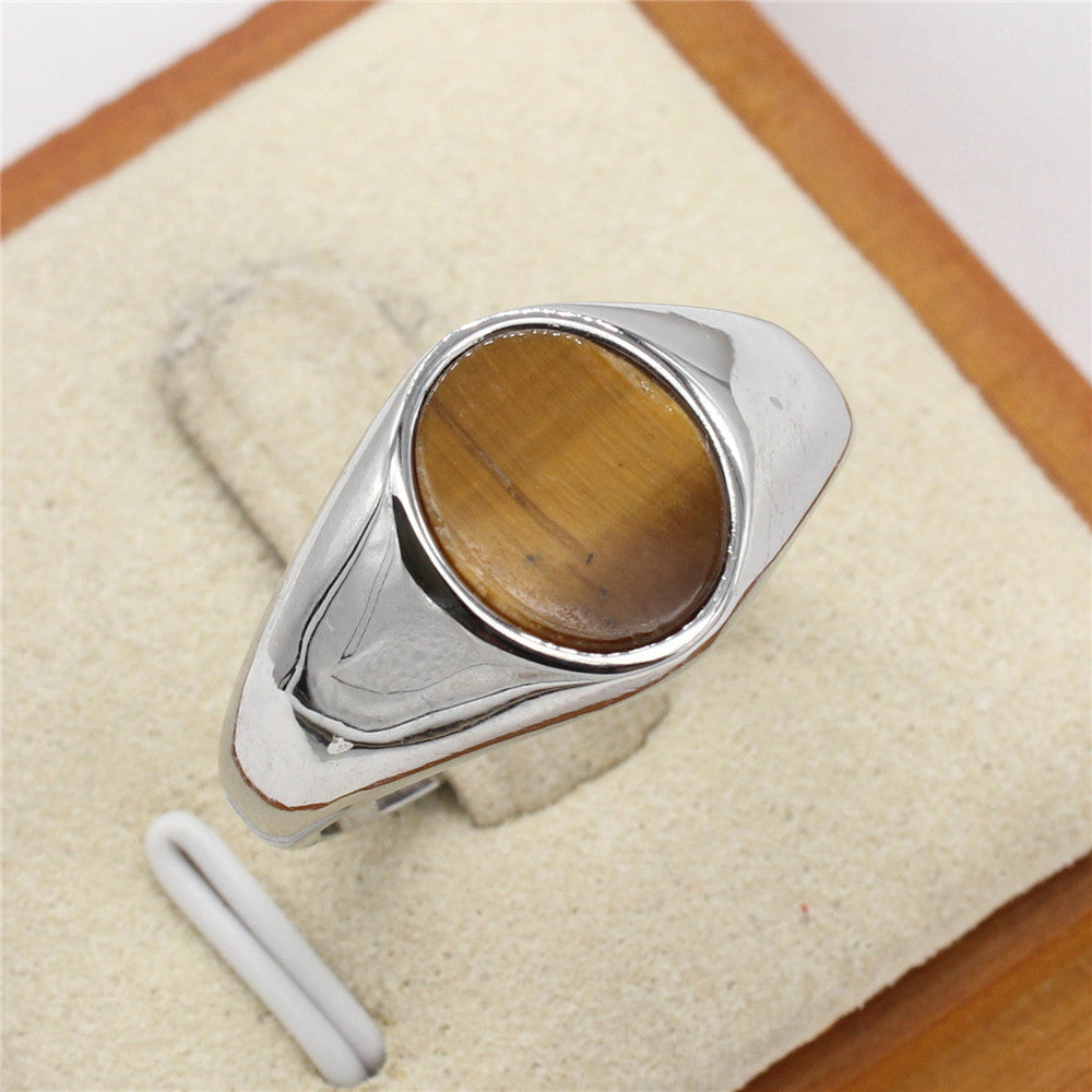Fashionable Minimalist Oval Gemstone Ring In Cool-toned Titanium Steel
