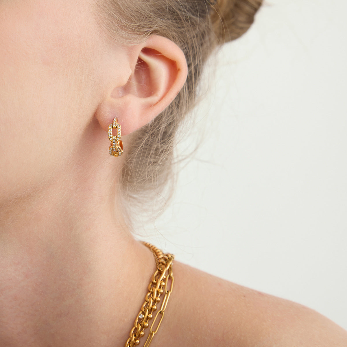Womens White Zircon Chain Stainless Steel Earrings