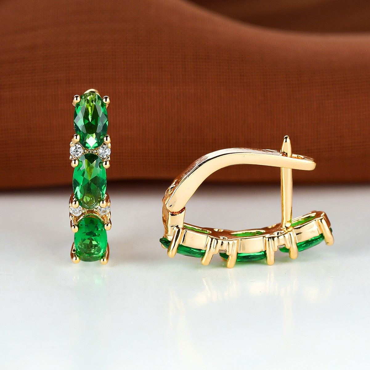 Womens French-Style Light-Luxury Gold Three-Row Oval Diamond Earrings