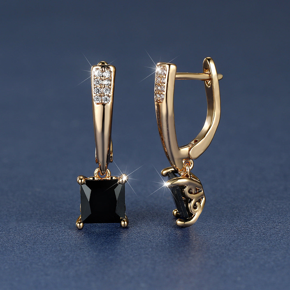 Champagne Gold Geometric Square Black Diamond Ear Clips Light Luxury Earrings