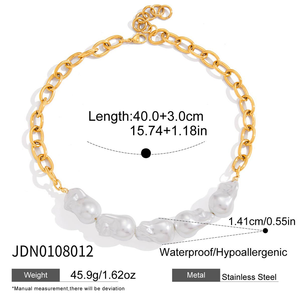 Elegant 18K Gold Stainless Steel Baroque Pearl Necklace