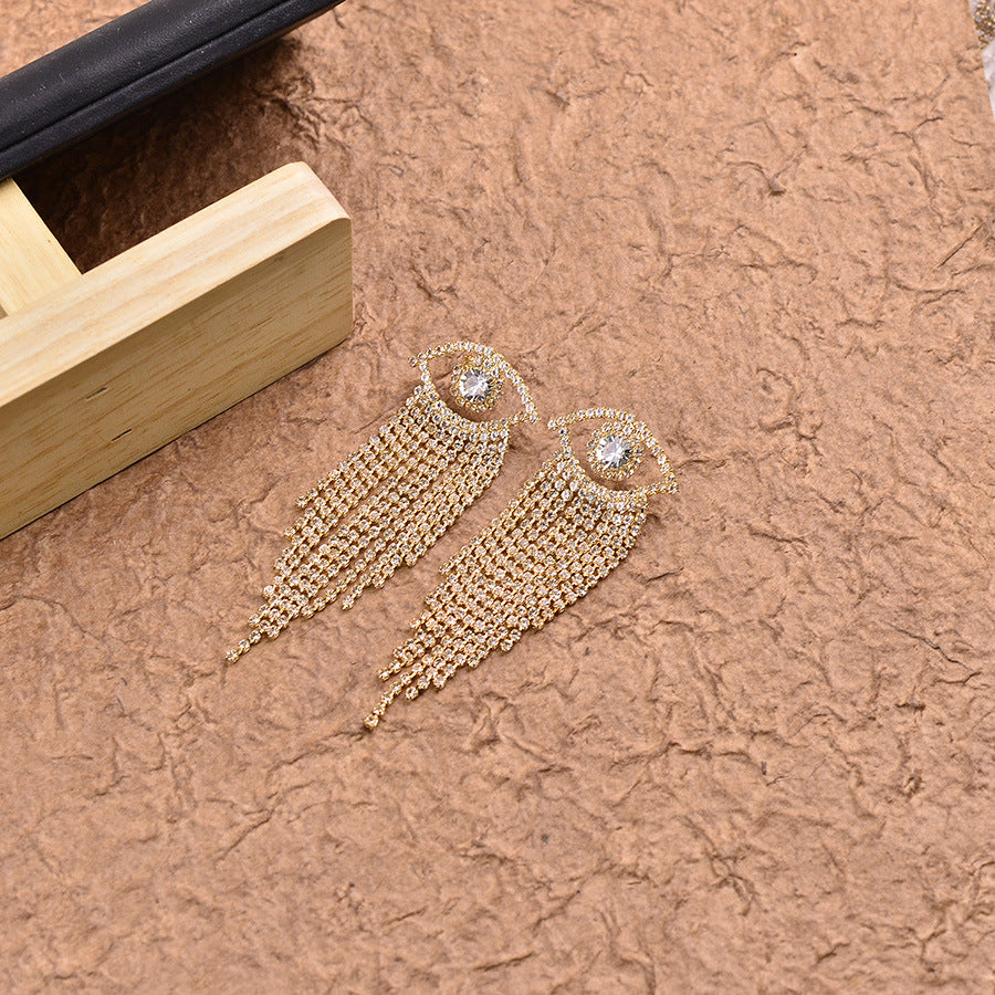 Korean-style Full-diamond Long Tassel Earrings With Round Diamonds