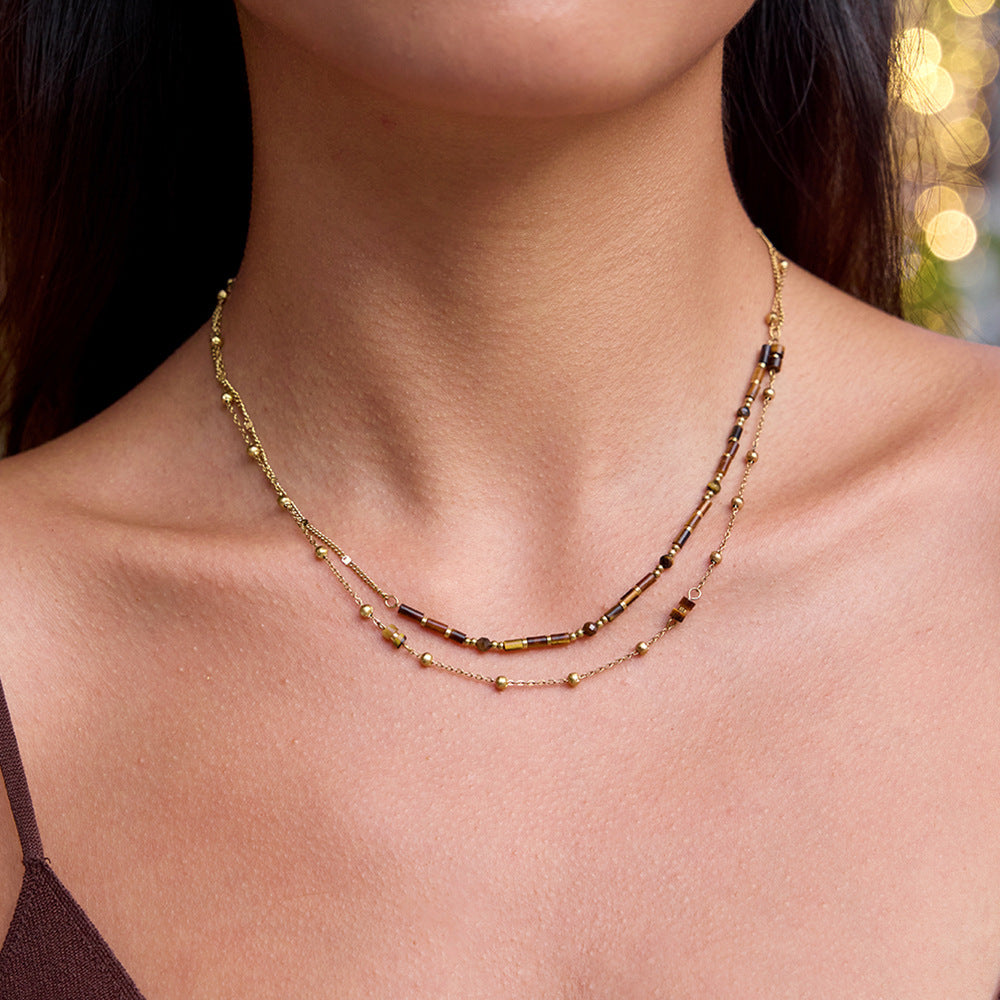Vintage Tigers Eye Necklace For Women With Double-Layer Beads