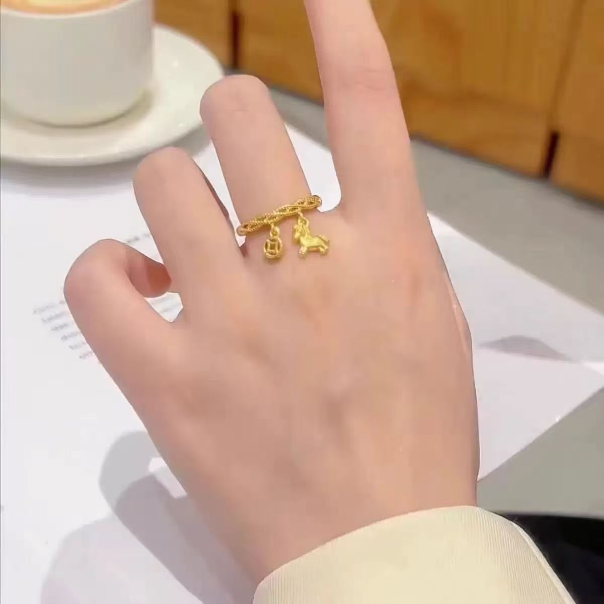 Women's Lucky Gold Horse Coin Ring, Open Adjustable Index Finger Band, Horse Year Zodiac Birth Year Fortune Ring