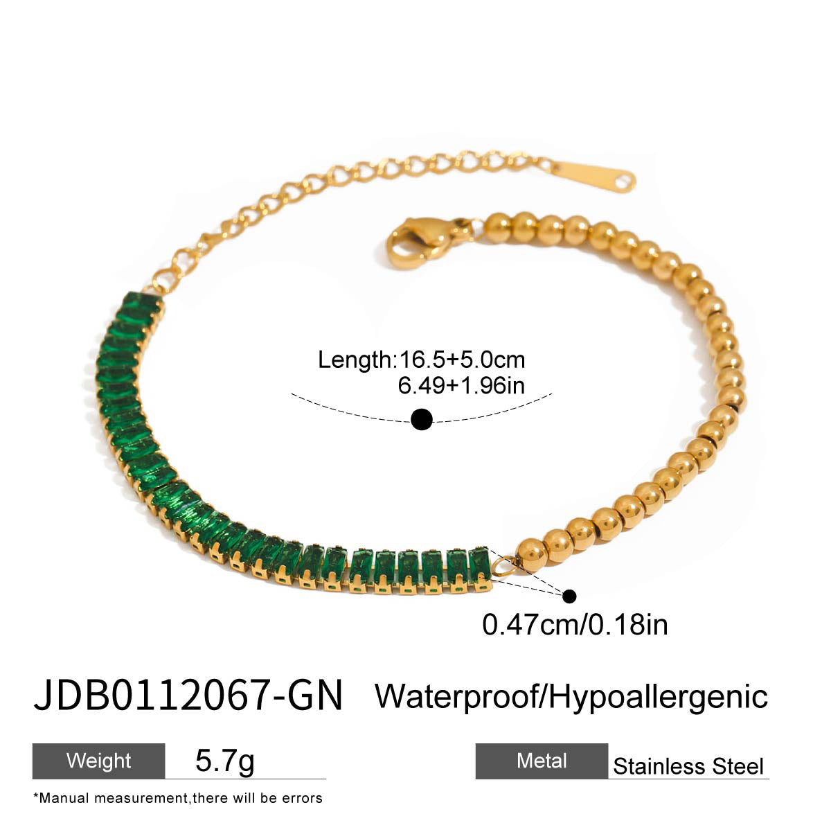 Champagne Gold Light-Luxury Jewelry Green Heart Bracelet