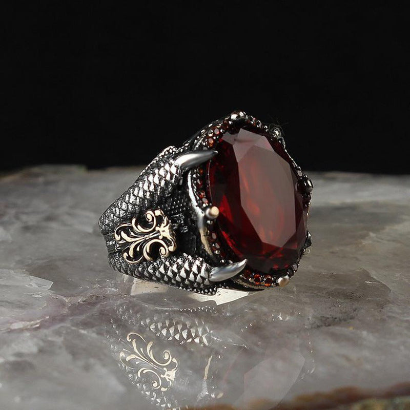 Majestic Dragon Claw Ring With Red Gemstone For Men