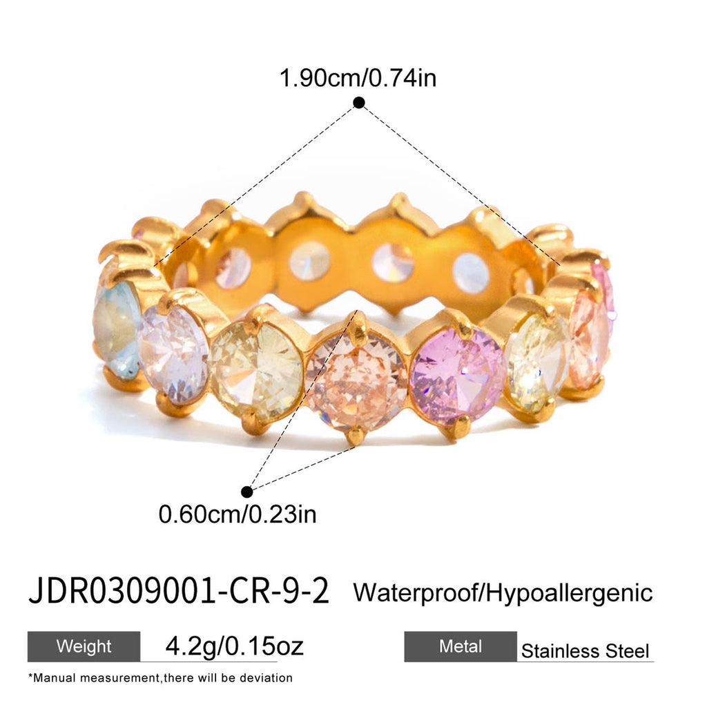 Stylish Lightweight Stainless Steel Ring With A Colorful Round Zircon Design