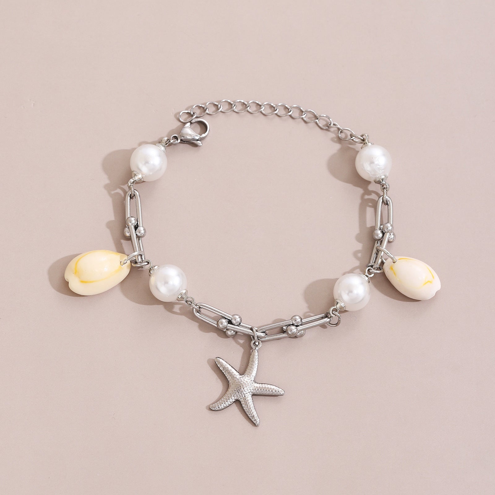 Starfish And Conch Pendant With Pearl, Stainless Steel Horseshoe Chain For Women