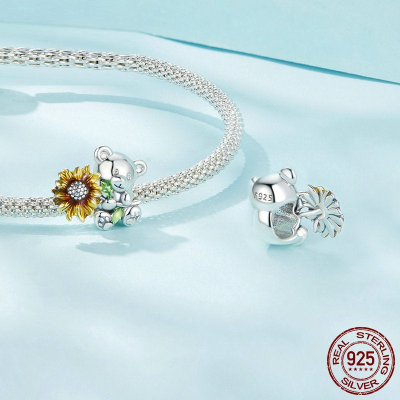 Original Cute Bear Sunflower Diy Beaded 925 Sterling Silver