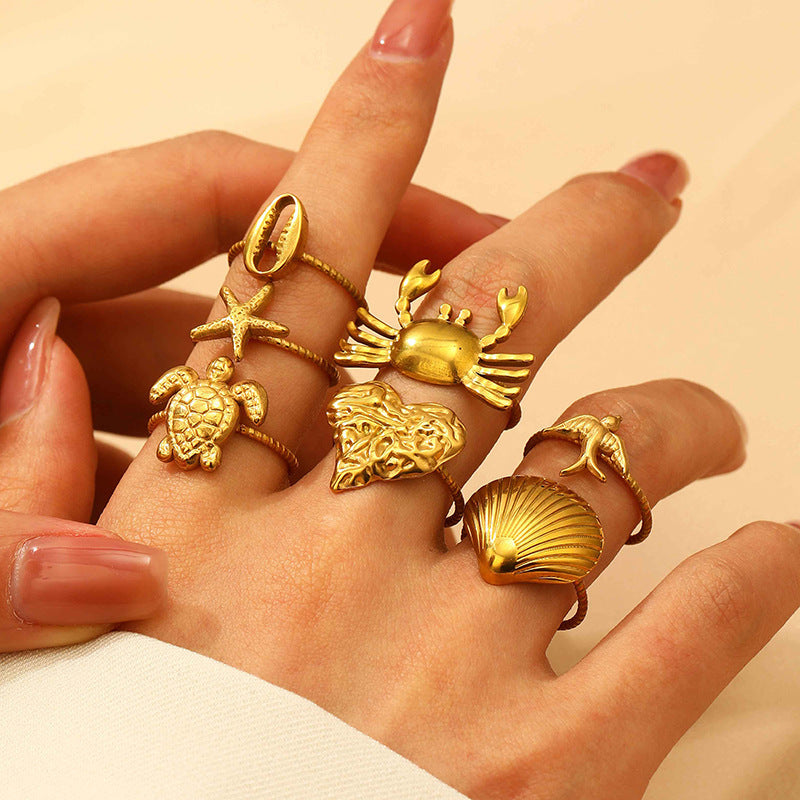 Stainless Steel Ring That Wont Fadefeaturing A Crab Heart Starfish And Turtle Design With An Adjustable Opening