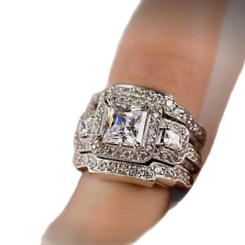 European And American-style Zircon Three-layer Ultra-shiny Square Mosaic Ring For Women