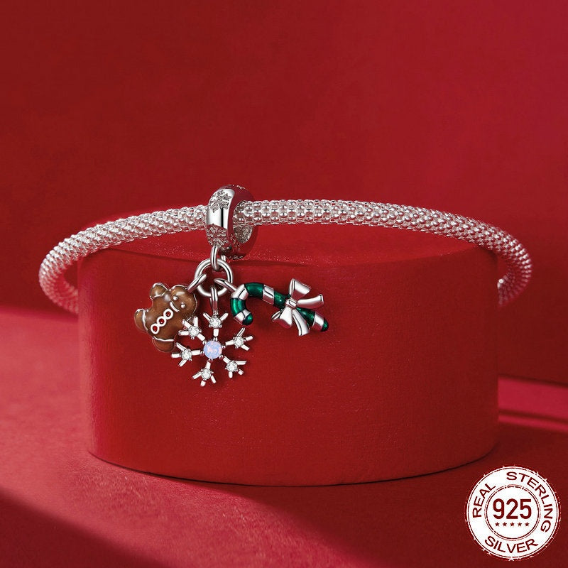 Ice And Snow Christmas Gingerbread Man Diy Pendant S925 Silver Bracelet Beaded