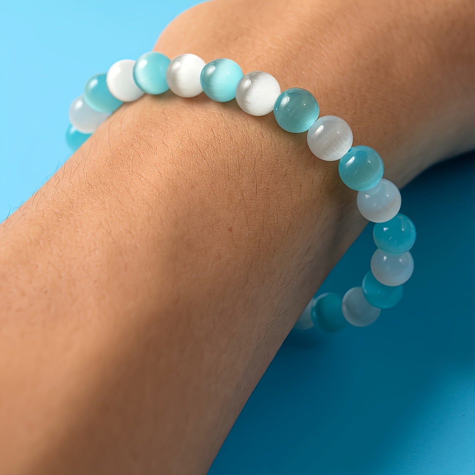 White And Blue Cats-eye Bracelet With Crystals