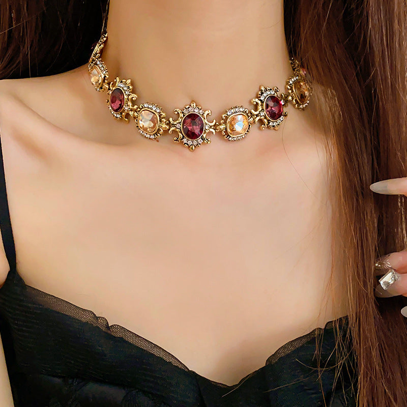 Retro Square Patchwork Diamond-Encrusted Necklace Set