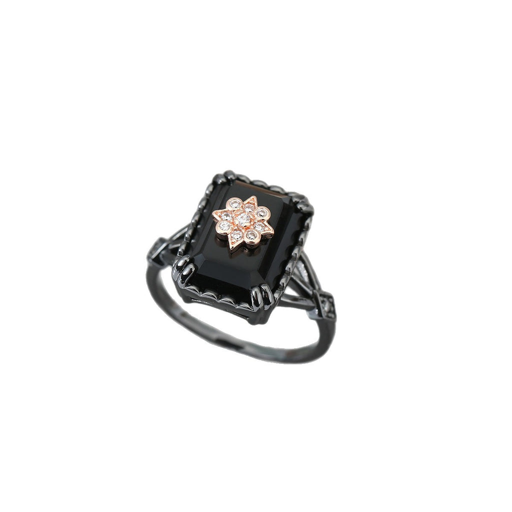 Square Black Onyx Ring With Diamond-encrusted Flower Design