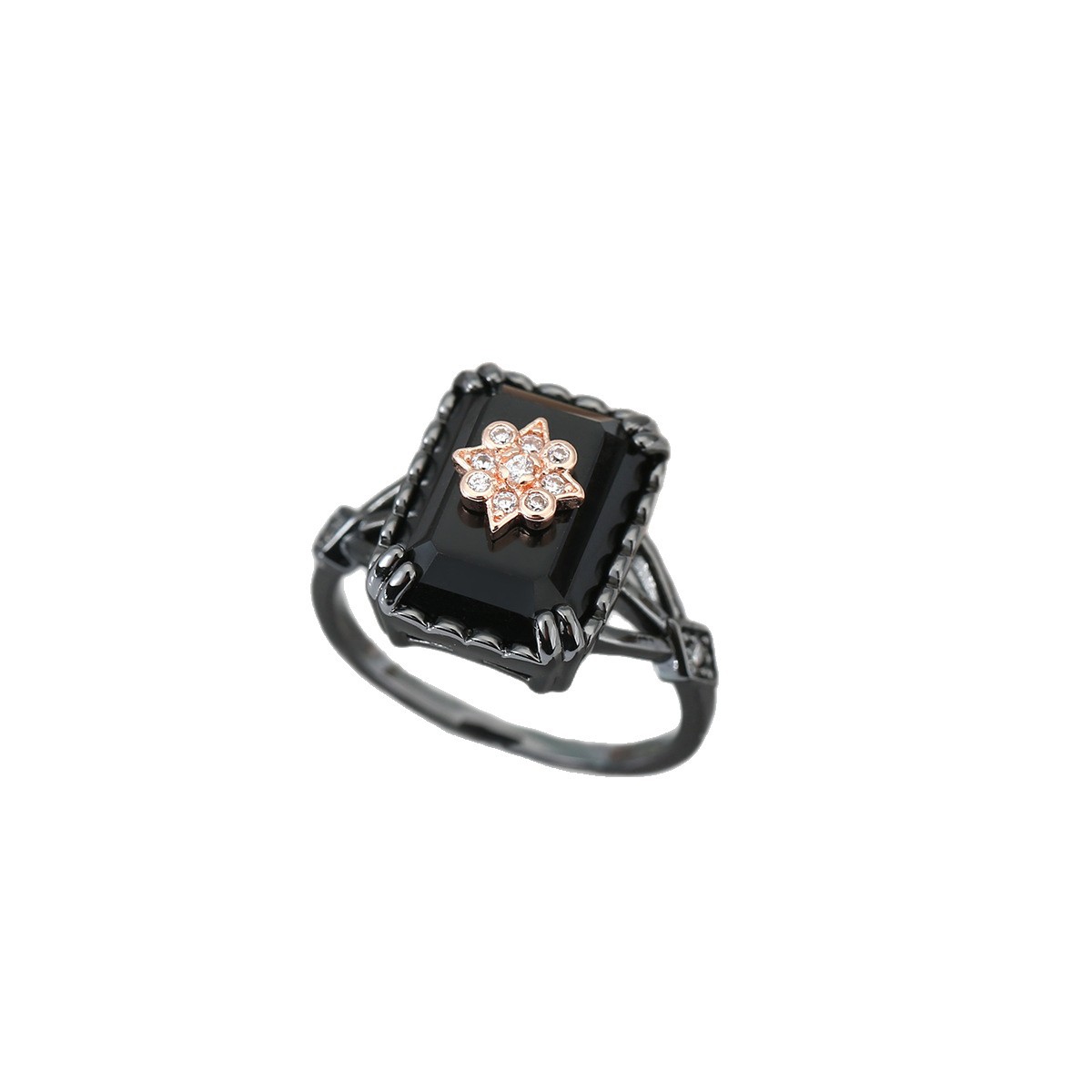 Square Black Onyx Ring With Diamond-encrusted Flower Design
