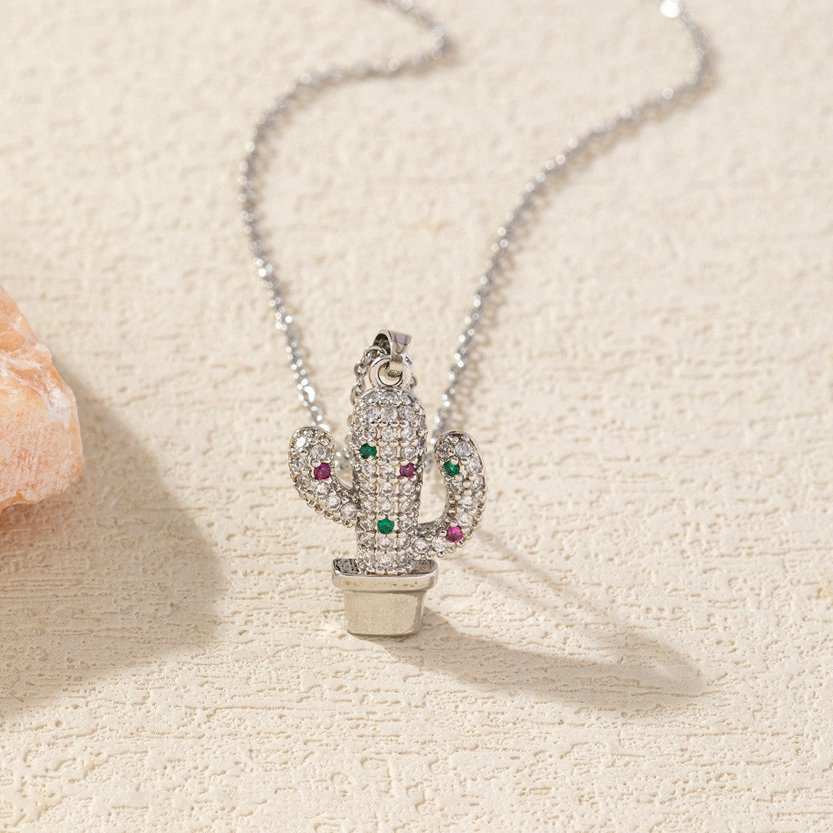 Micro-painted Zircon Droplet Niche Plant Pendant Cactus Necklace