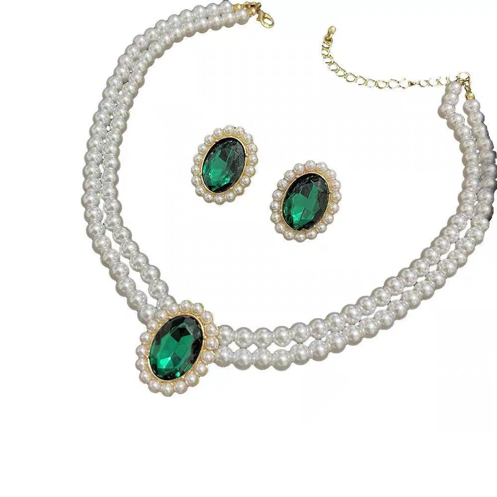 Elegant Double-Layer Pearl And Diamond Beaded Necklace Set Versatile French-Style Design With A Luxe Touch
