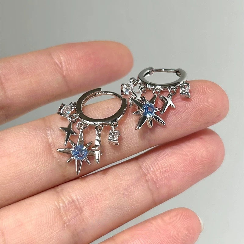 Cool-style Blue Eight-pointed Star Pendant Stud Earrings