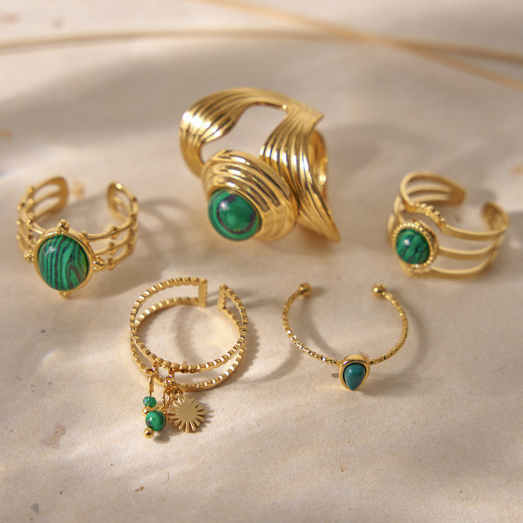 Womens French Retro-Style Natural Malachite Titanium Steel Ring
