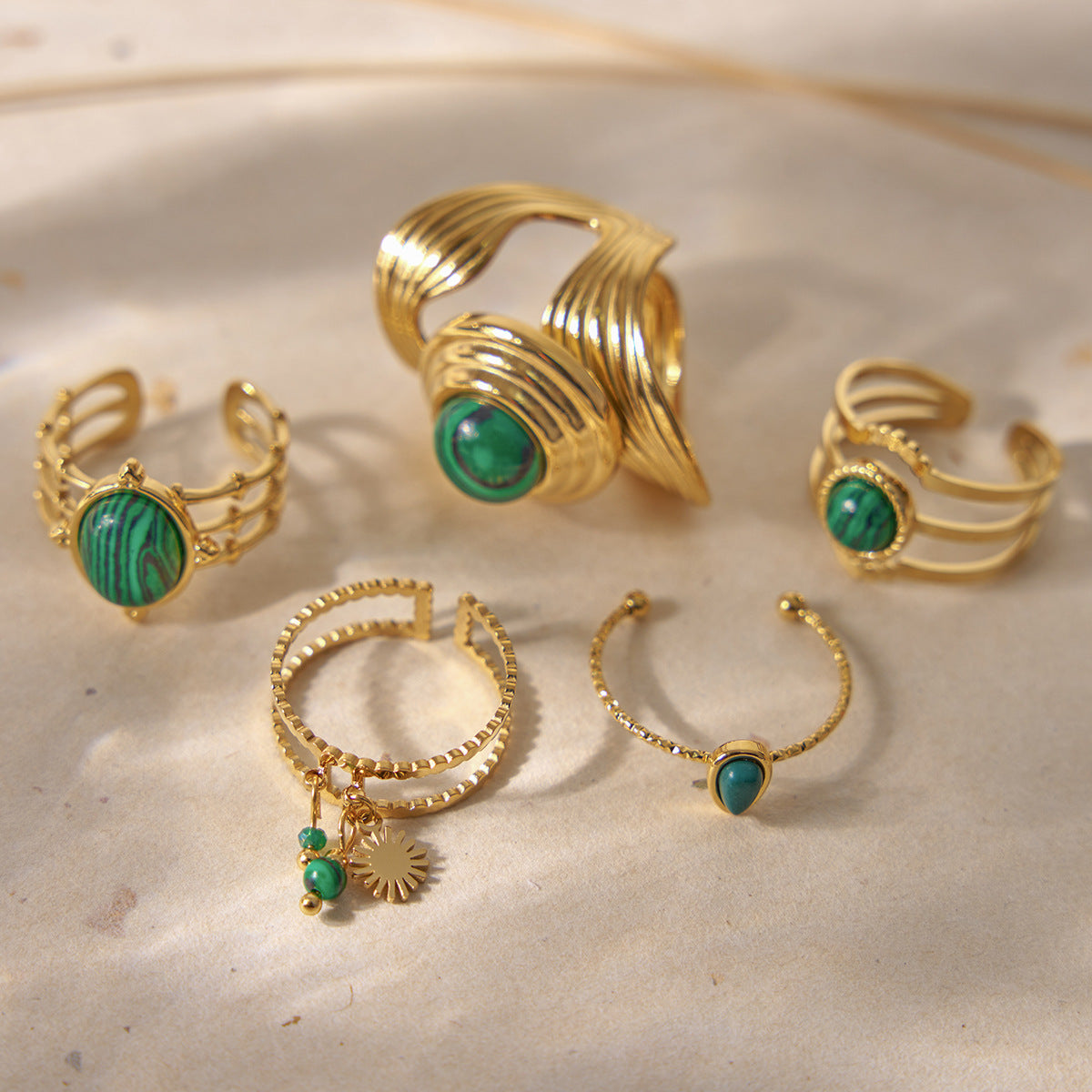 Womens French Retro-Style Natural Malachite Titanium Steel Ring