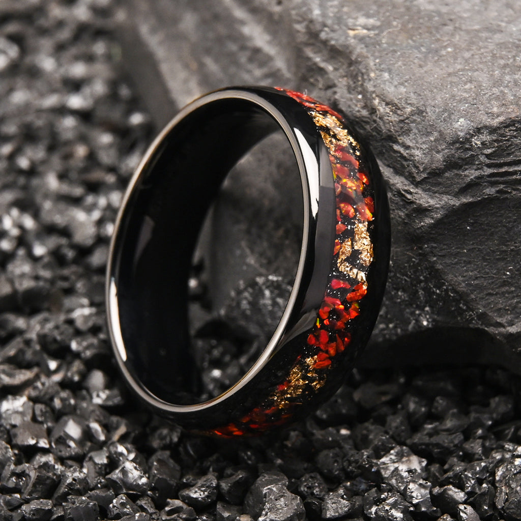 Black-inlaid Red Opal Gold-leaf Ring
