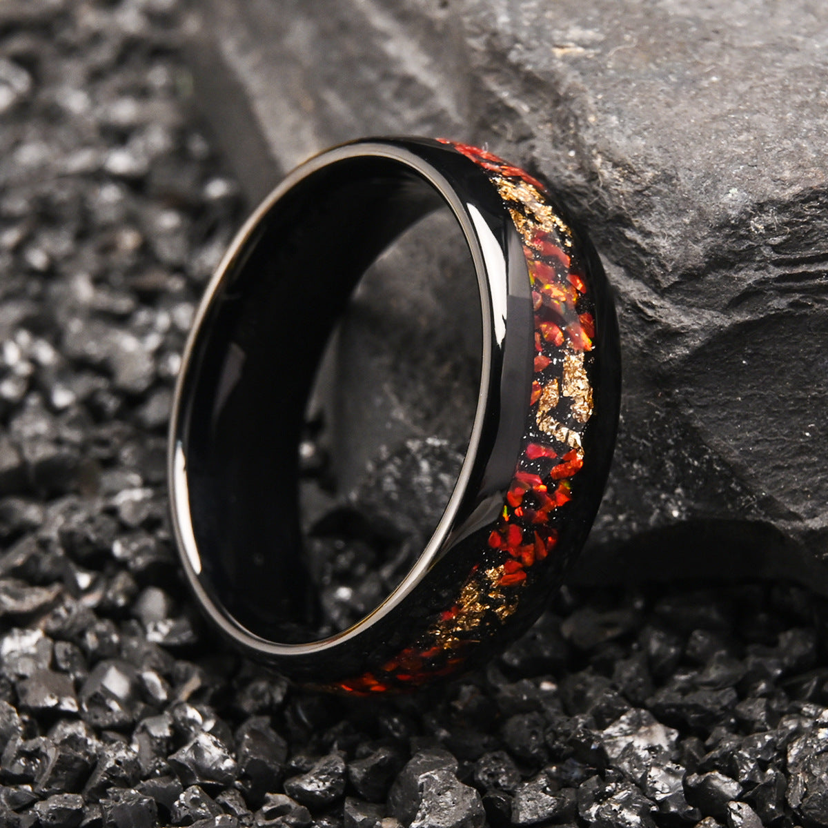 Black-inlaid Red Opal Gold-leaf Ring