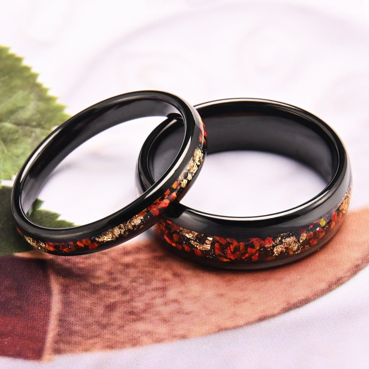 Black-inlaid Red Opal Gold-leaf Ring