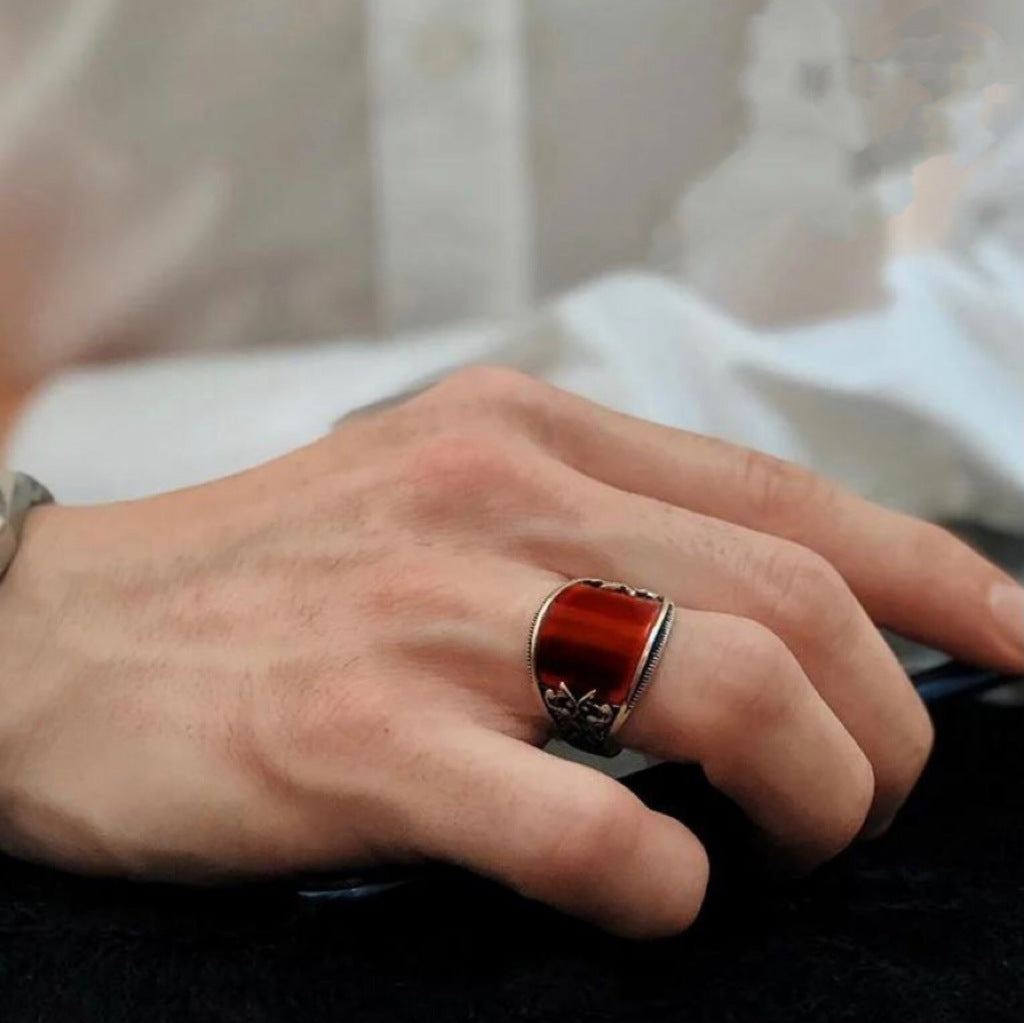 Handcrafted Red Baked-paint Relief-pattern Ring