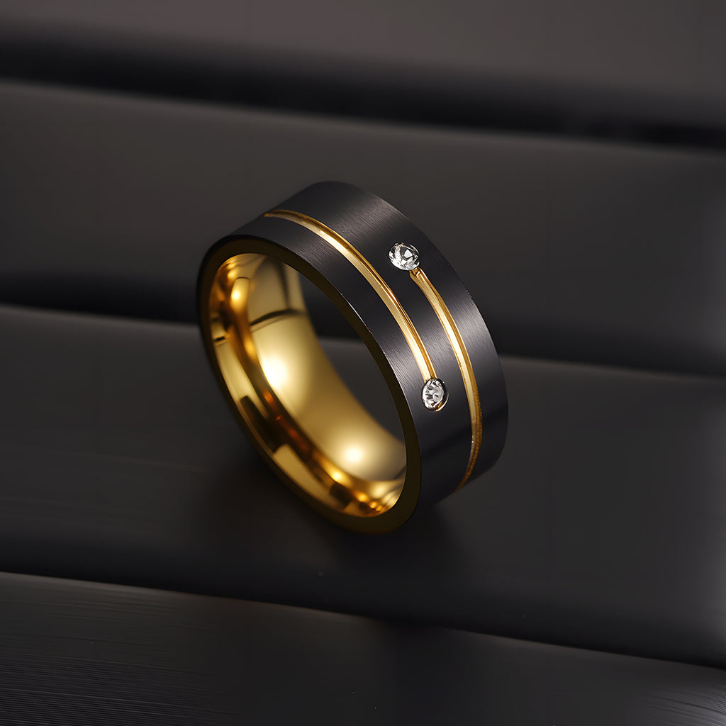8mm Electroplated Two-Tone Black And Gold Diamond-Inlaid Unisex Titanium Steel Ring
