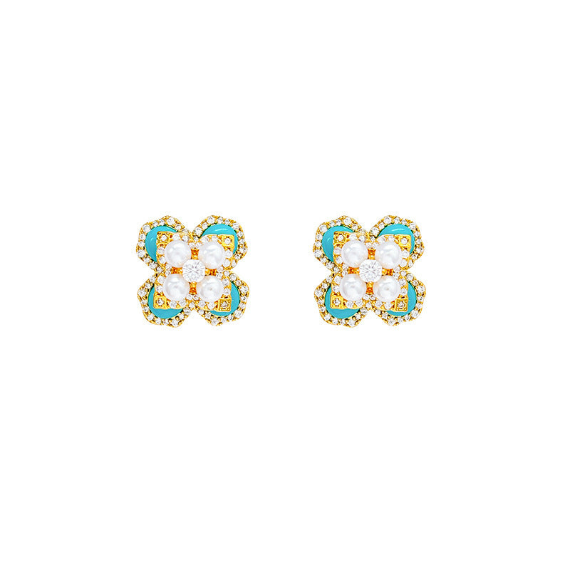 Silver Needle Turquoise Four-Leaf Flower Pearl Vintage Earrings And Necklace