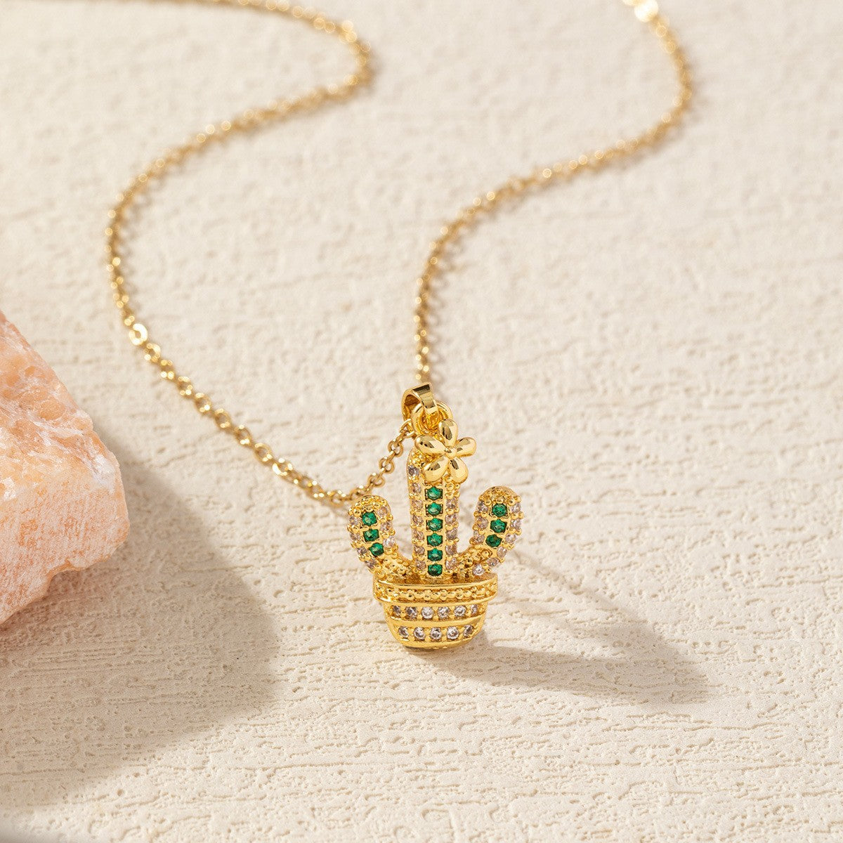 Micro-painted Zircon Droplet Niche Plant Pendant Cactus Necklace