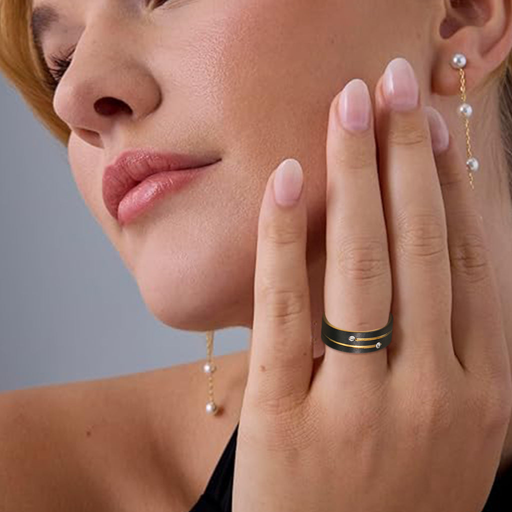 8mm Electroplated Two-Tone Black And Gold Diamond-Inlaid Unisex Titanium Steel Ring