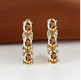 Womens French-Style Light-Luxury Gold Three-Row Oval Diamond Earrings