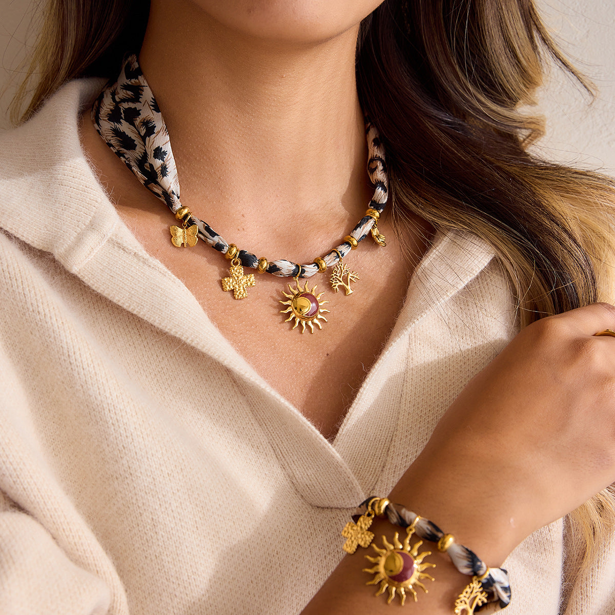 Womens Stainless Steel Lace-Up Silk Scarf Necklace
