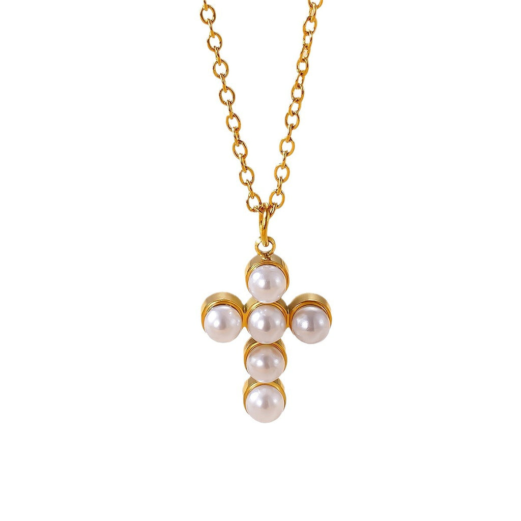 Womens Luxe Elegant Cross Pearl Necklace