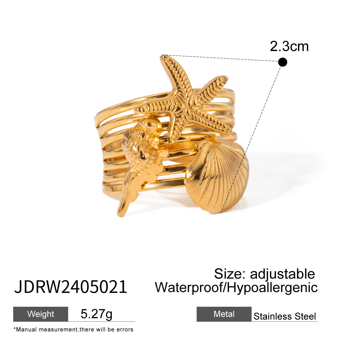 18k Gold Stainless Steel Starfish Conch Shell Open Ring