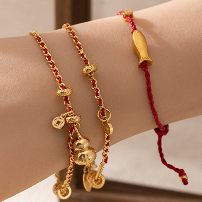 Fashionable Hulu Fu Yu Duo Pendant Red Rope Bracelet