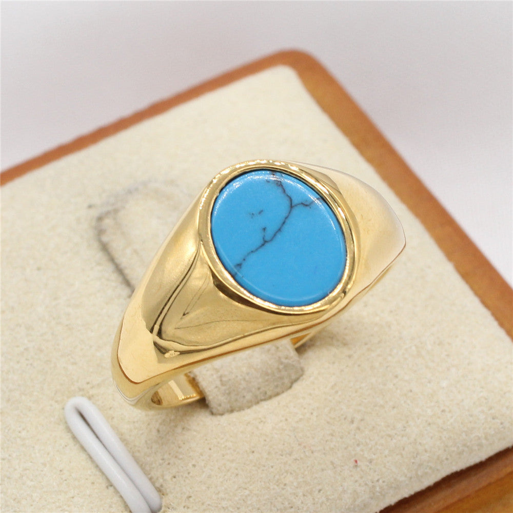 Fashionable Minimalist Oval Gemstone Ring In Cool-toned Titanium Steel