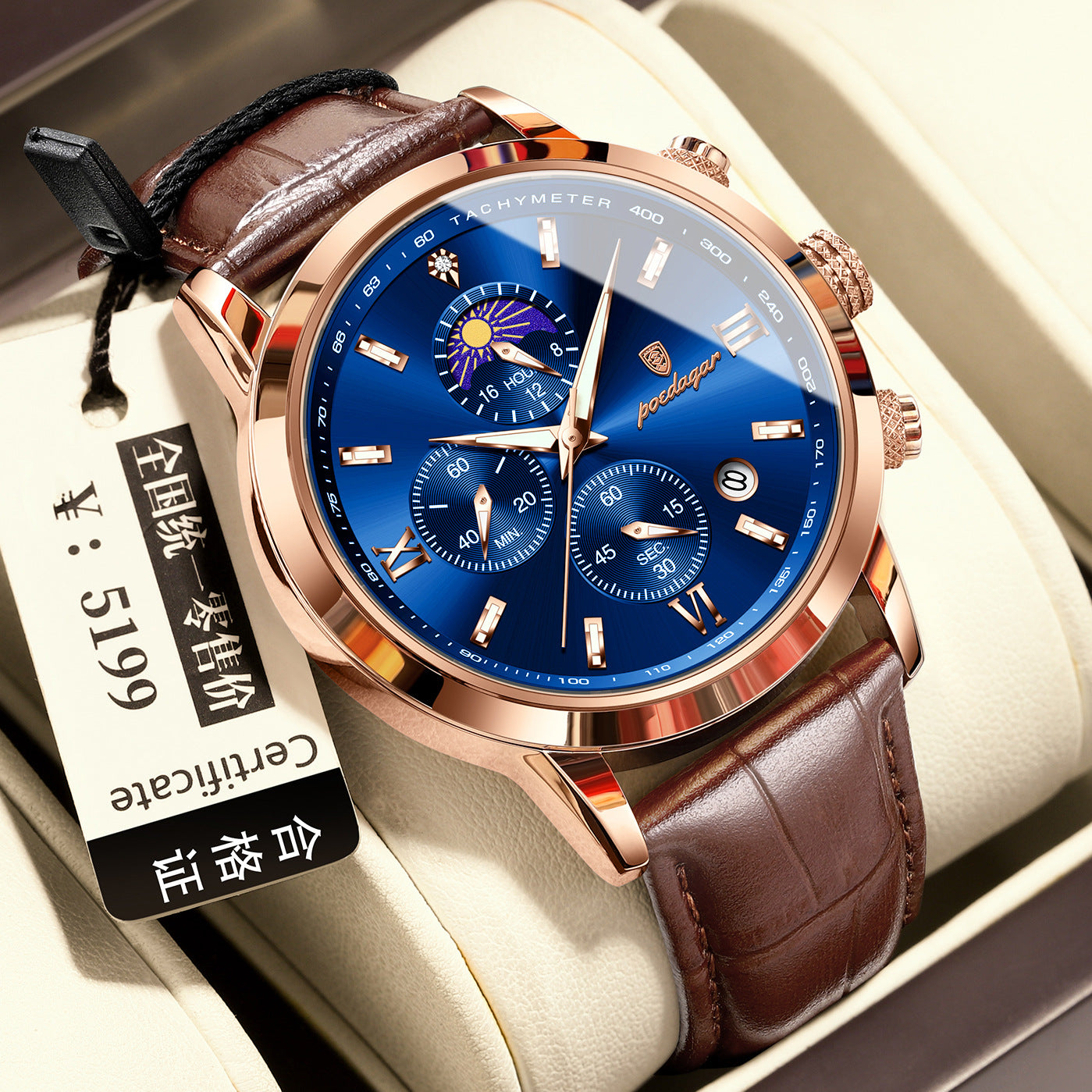 Multi-Function Sports Timing Moon Phase Men's Watch
