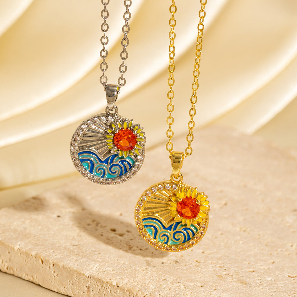 New Zircon-dripping Sunflower Round-plate Necklace