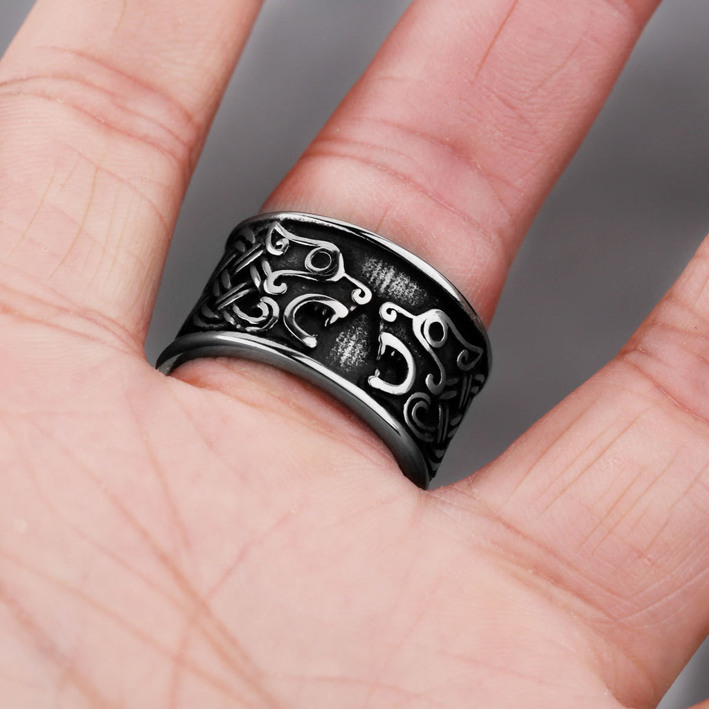 Double-Wolf-Head Titanium Steel Ring Trendy Hip-Hop Style