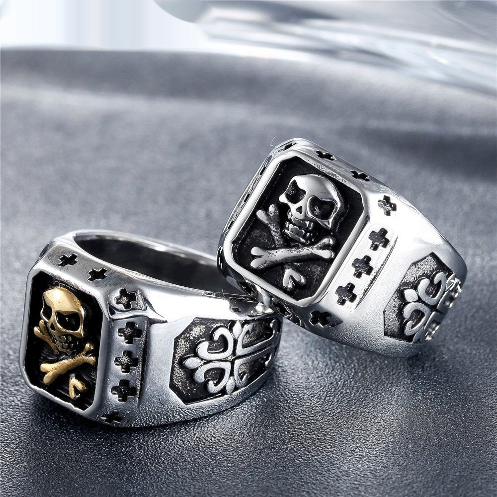 Personalized Punk Skull And Cross Titanium Steel Ring