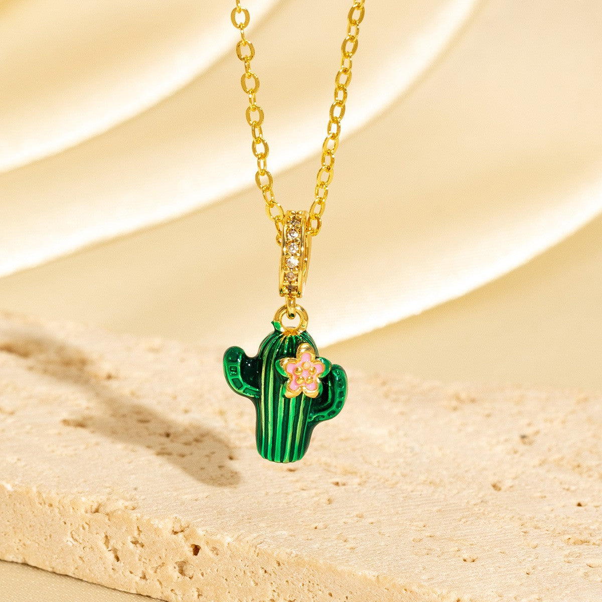 Micro-painted Zircon Droplet Niche Plant Pendant Cactus Necklace